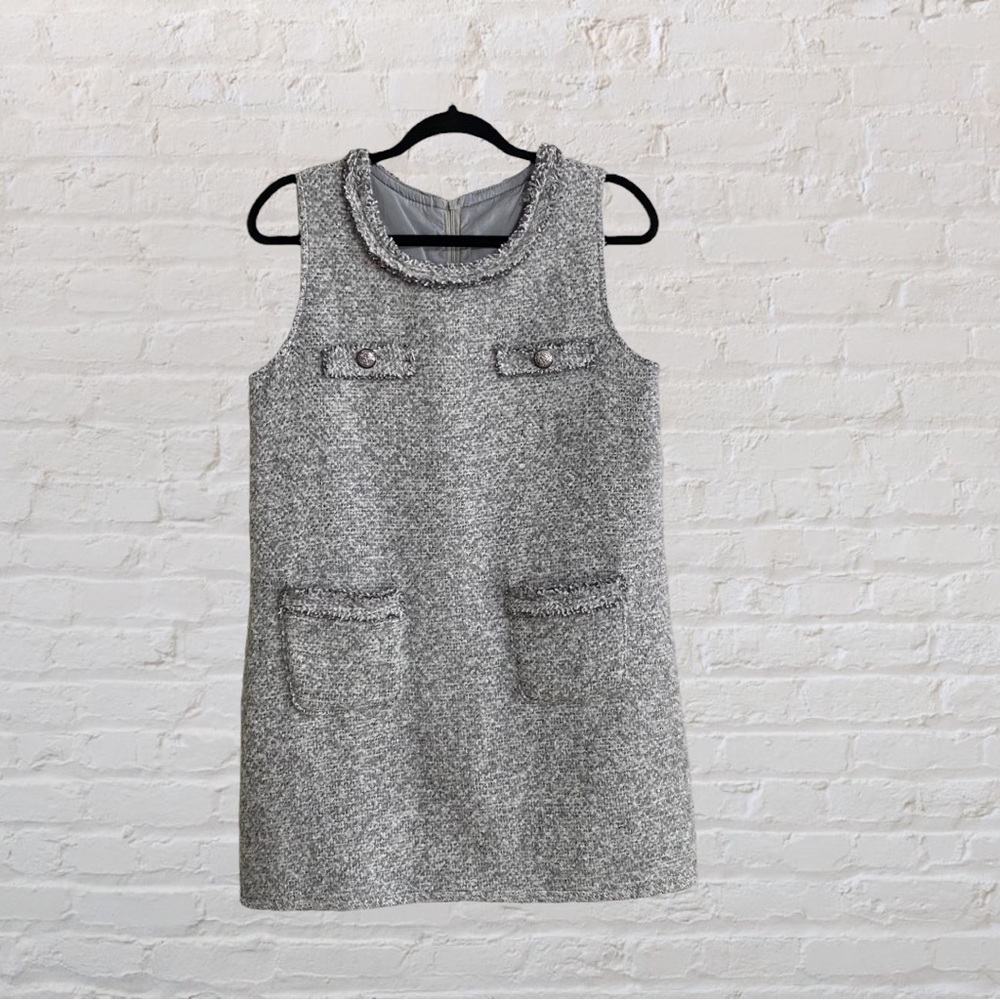 Designer Grey Tweed Mini Dress - Size 8